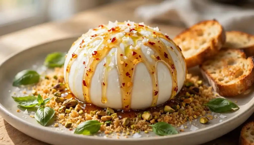 Whole burrata ball topped with hot honey, chili flakes and toasted pistachio crunch on a ceramic plate with sourdough toast