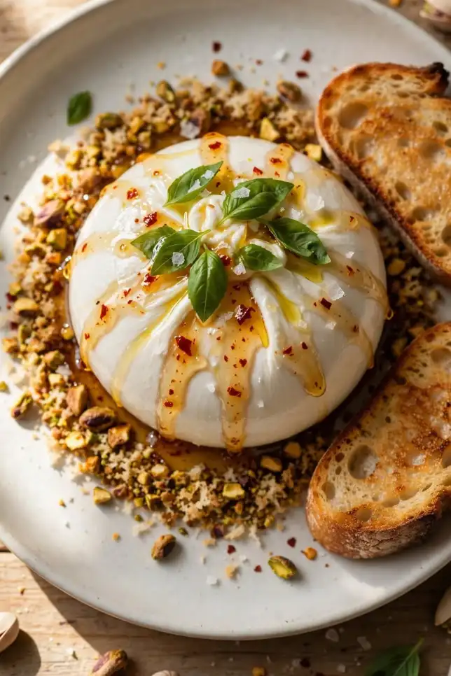 Whole burrata ball topped with hot honey, chili flakes and toasted pistachio crunch on a ceramic plate with sourdough toast