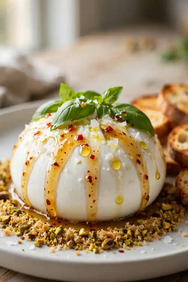 Whole burrata ball topped with hot honey, chili flakes and toasted pistachio crunch on a ceramic plate with sourdough toast