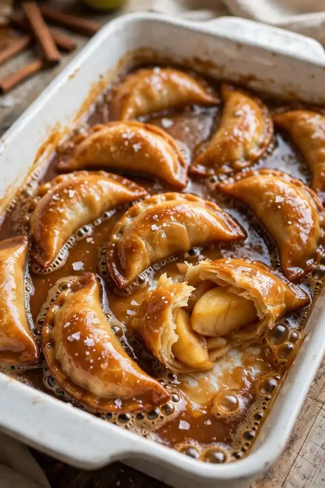 Golden caramel apple crescent dumplings baked in a white dish with caramel sauce and flaky sea salt