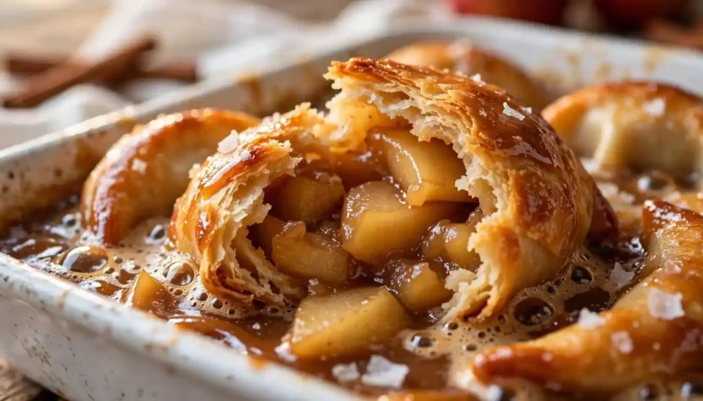 Golden caramel apple crescent dumplings baked in a white dish with caramel sauce and flaky sea salt