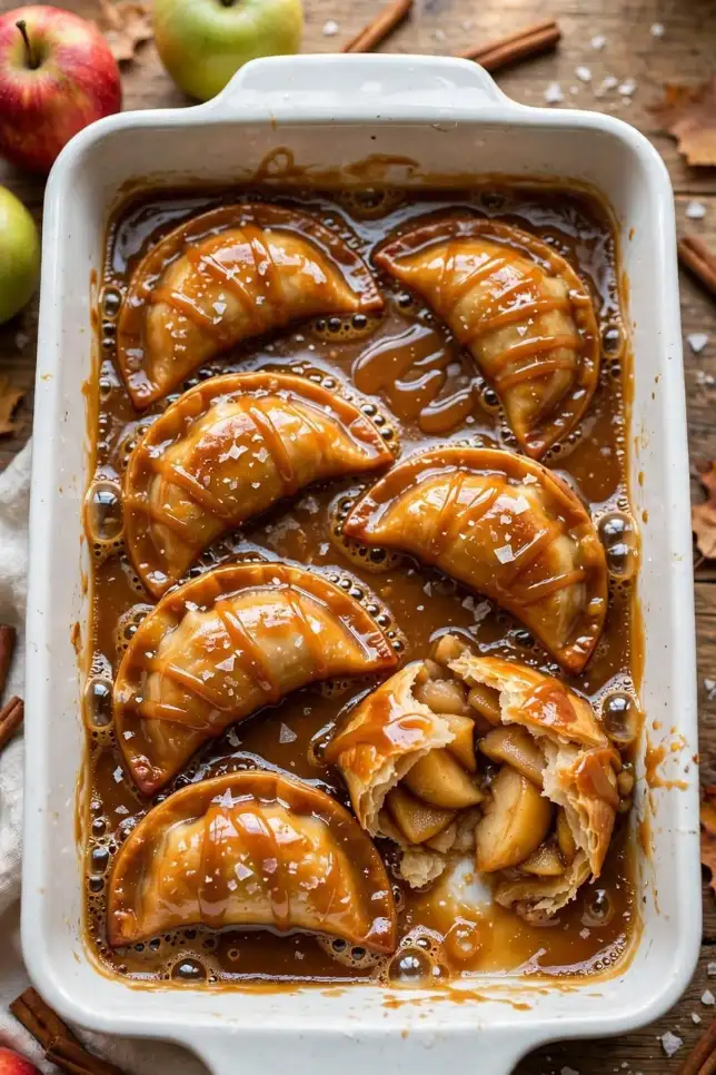 Golden caramel apple crescent dumplings baked in a white dish with caramel sauce and flaky sea salt