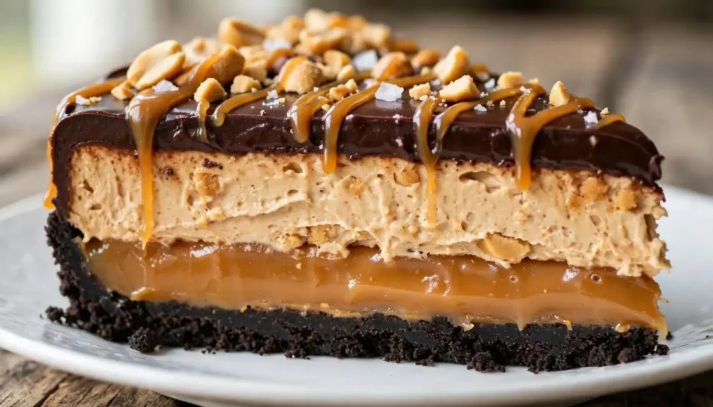No-bake chocolate caramel peanut butter pie with Oreo crust, salted caramel layer and chocolate ganache on a wooden table