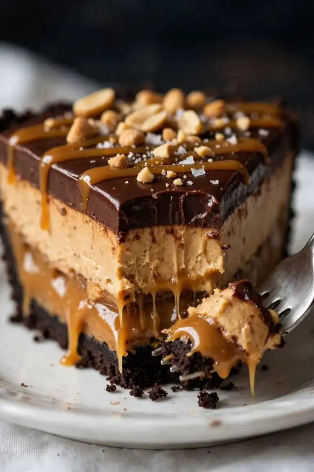 No-bake chocolate caramel peanut butter pie with Oreo crust, salted caramel layer and chocolate ganache on a wooden table