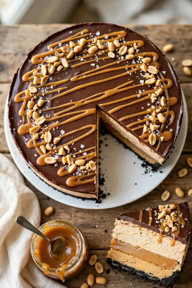 No-bake chocolate caramel peanut butter pie with Oreo crust, salted caramel layer and chocolate ganache on a wooden table