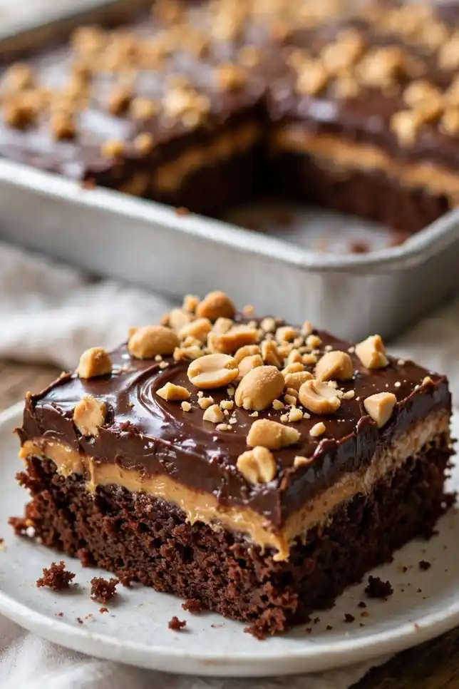 Chocolate peanut butter sheet cake with fudge frosting and chopped peanuts in a sheet pan