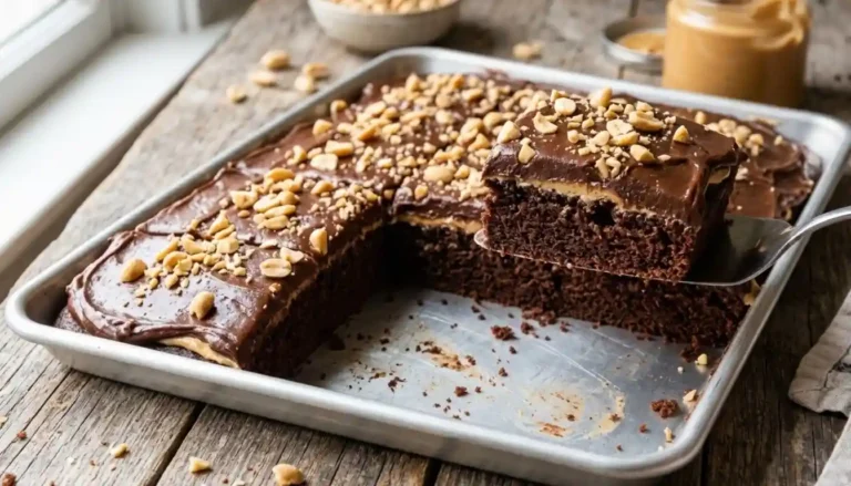 Chocolate peanut butter sheet cake with fudge frosting and chopped peanuts in a sheet pan