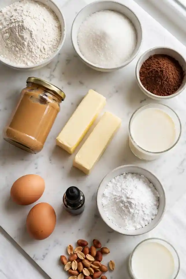 Ingredients for chocolate peanut butter sheet cake including flour, cocoa powder, peanut butter, butter, buttermilk, and eggs