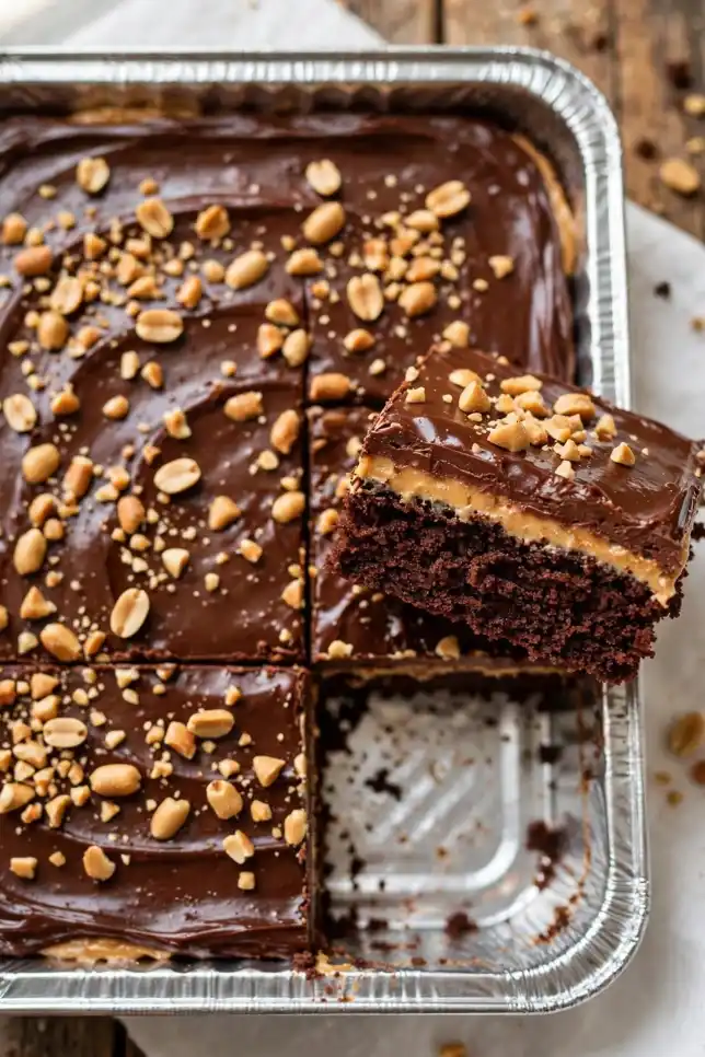 Chocolate peanut butter sheet cake with fudge frosting and chopped peanuts in a sheet pan