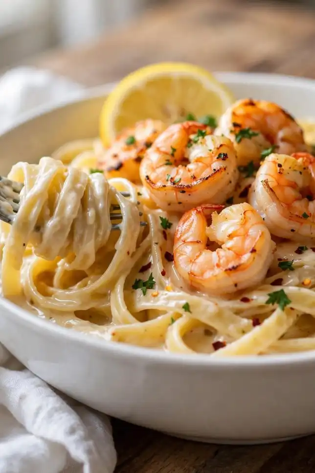 Creamy garlic butter shrimp pasta with fettuccine, seared shrimp and parsley in a white bowl
