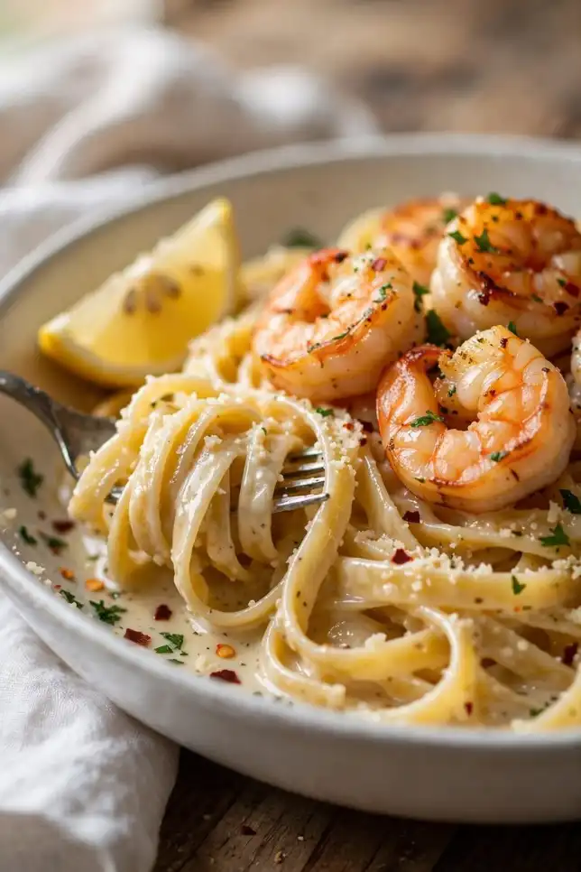 Creamy garlic butter shrimp pasta with fettuccine, seared shrimp and parsley in a white bowl