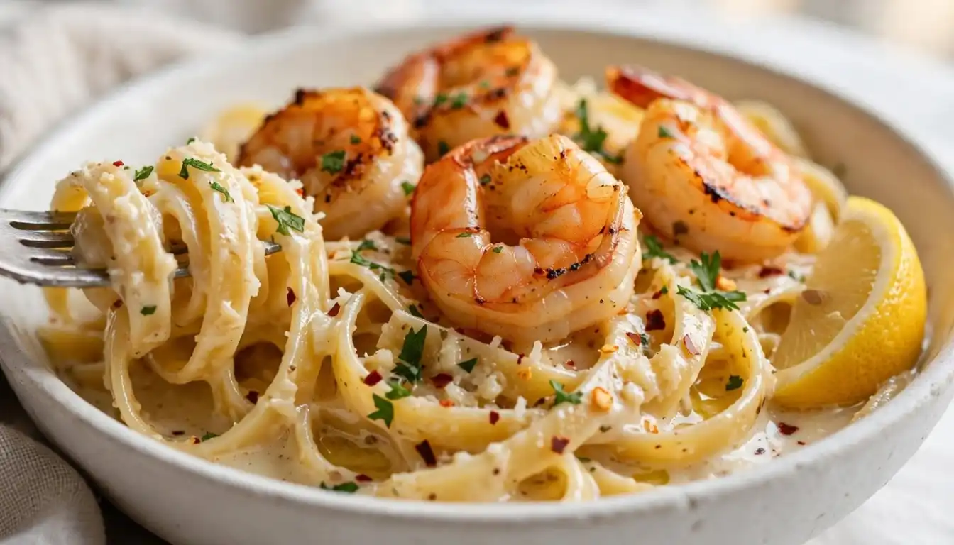 Creamy garlic butter shrimp pasta with fettuccine, seared shrimp and parsley in a white bowl