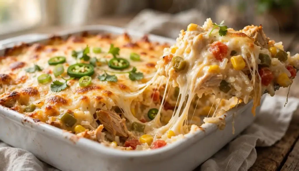 Creamy queso chicken and rice casserole in a baking dish topped with melted cheese, green onions and jalapeños