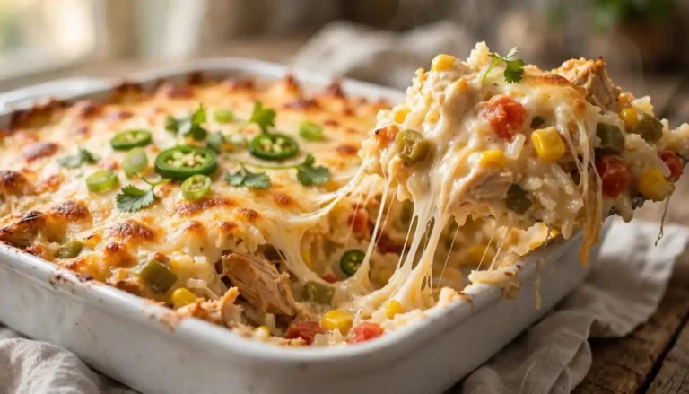 Creamy queso chicken and rice casserole in a baking dish topped with melted cheese, green onions and jalapeños