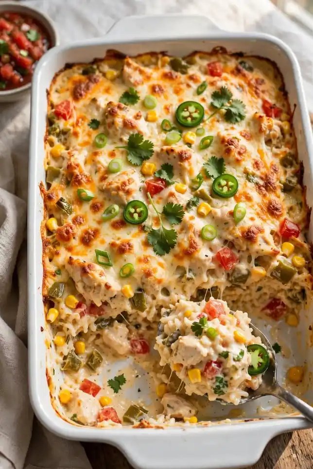 Creamy queso chicken and rice casserole in a baking dish topped with melted cheese, green onions and jalapeños