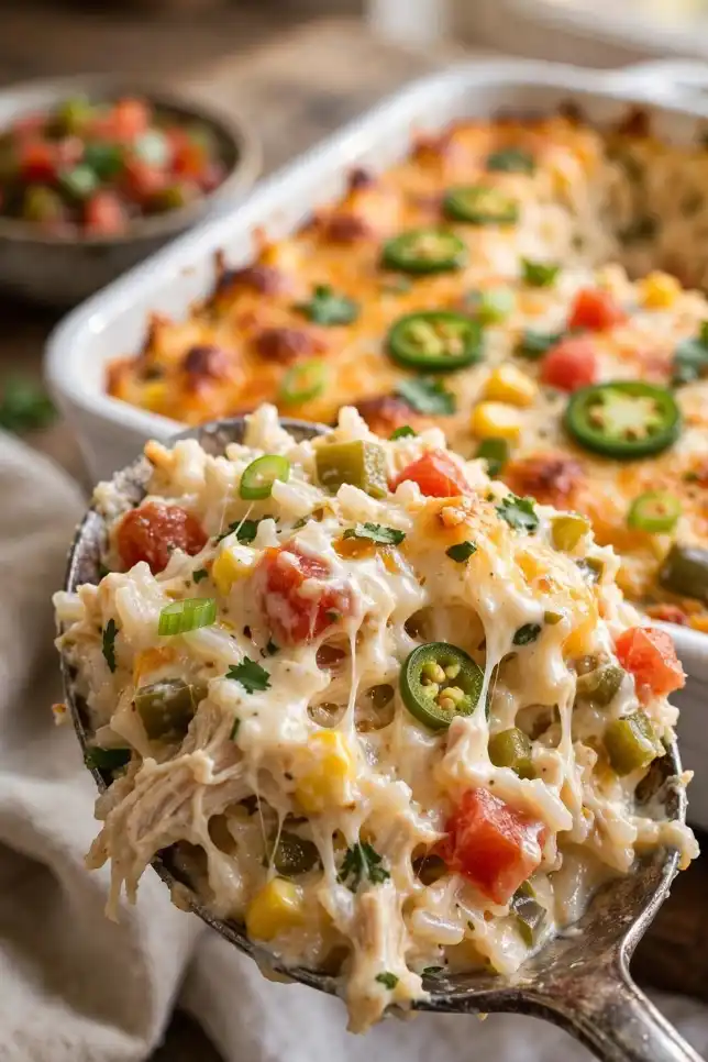 Creamy queso chicken and rice casserole in a baking dish topped with melted cheese, green onions and jalapeños