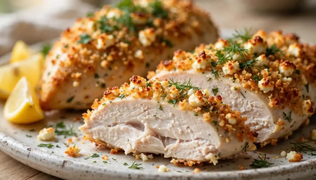 Crispy feta herb chicken breasts with golden panko crust and fresh dill on a white platter