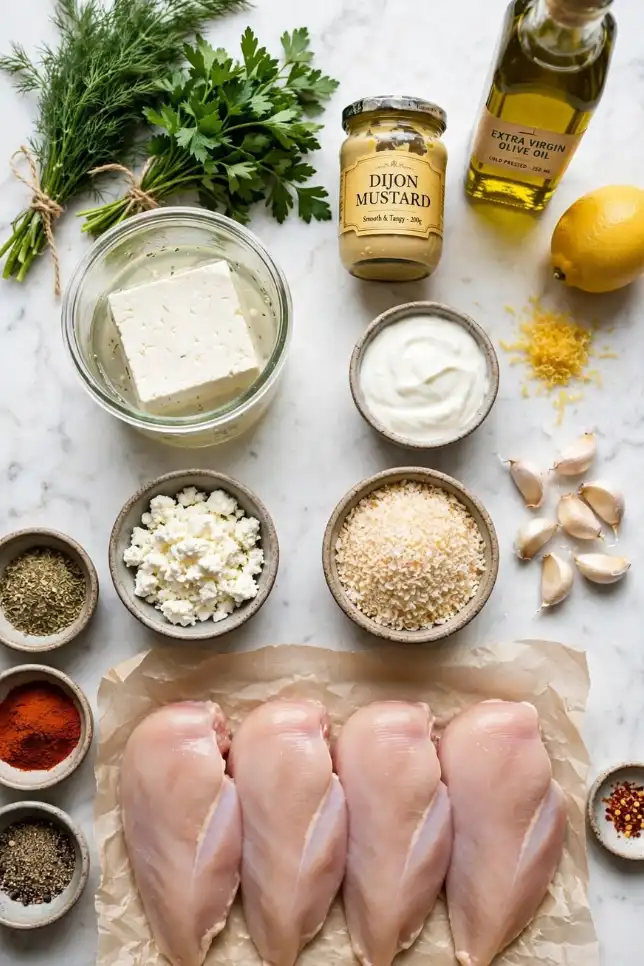 Ingredients for crispy feta herb chicken including chicken breasts, feta, panko, Greek yogurt, dill and lemon