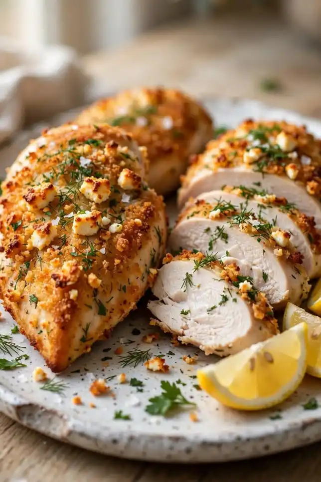 Crispy feta herb chicken breasts with golden panko crust and fresh dill on a white platter