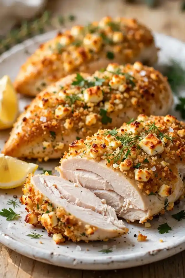 Crispy feta herb chicken breasts with golden panko crust and fresh dill on a white platter