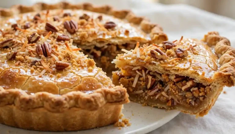 Whole Dolly Parton sawdust pie with coconut, pecans and graham cracker filling on a rustic wooden table