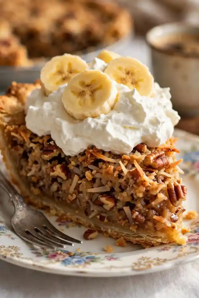 Whole Dolly Parton sawdust pie with coconut, pecans and graham cracker filling on a rustic wooden table