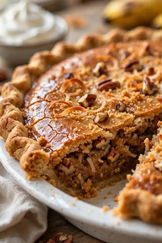 Whole Dolly Parton sawdust pie with coconut, pecans and graham cracker filling on a rustic wooden table