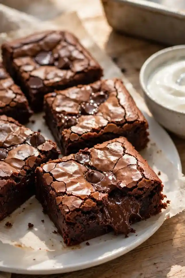 Fudgy Greek yogurt brownies cut into squares with shiny crackly tops and melted chocolate chips