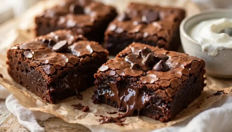 Fudgy Greek yogurt brownies cut into squares with shiny crackly tops and melted chocolate chips