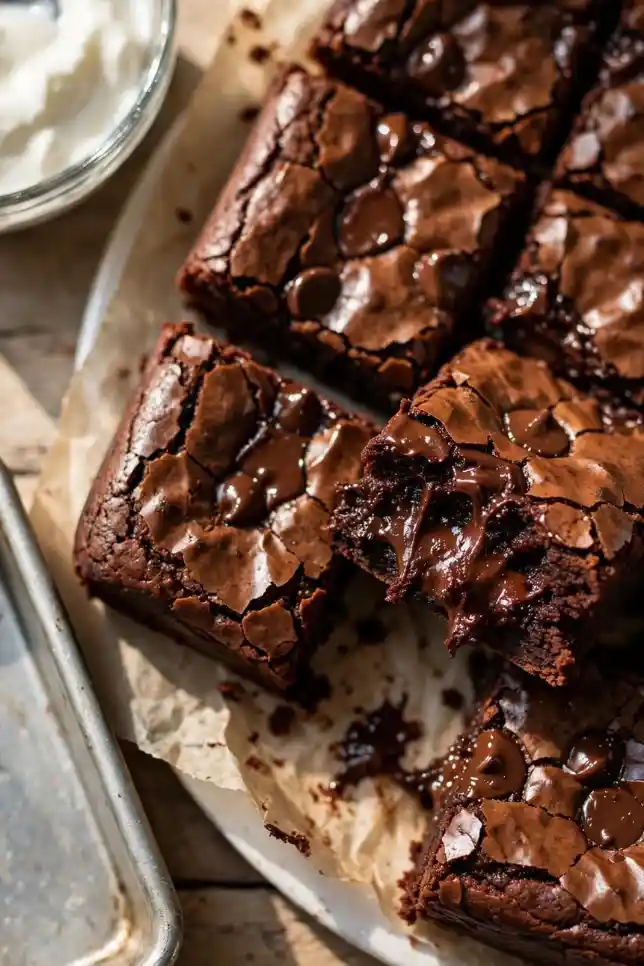 Fudgy Greek yogurt brownies cut into squares with shiny crackly tops and melted chocolate chips