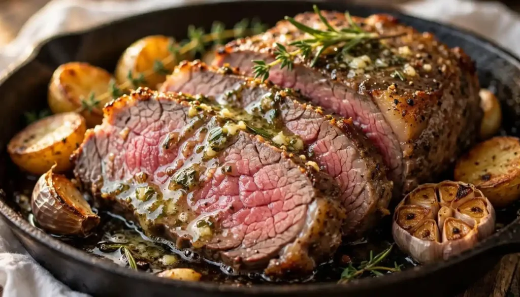 Sliced garlic butter herb roast beef with crispy baby potatoes in a cast iron skillet