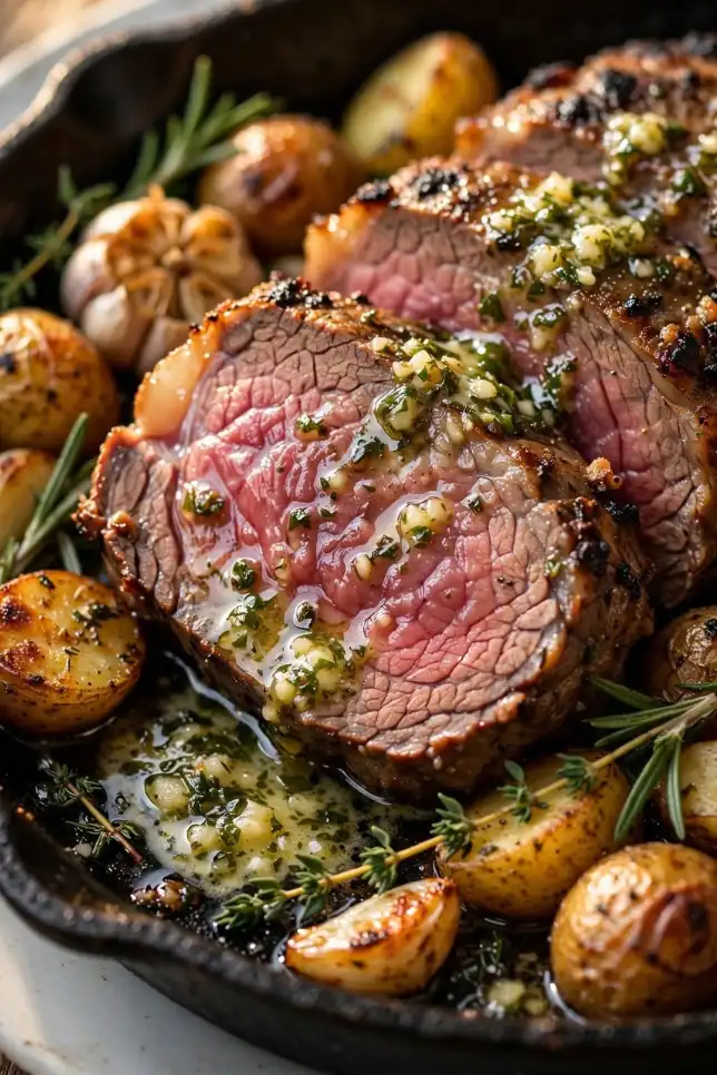 Sliced garlic butter herb roast beef with crispy baby potatoes in a cast iron skillet