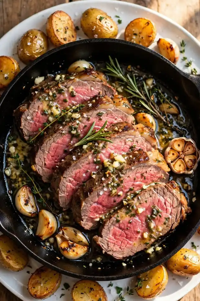 Sliced garlic butter herb roast beef with crispy baby potatoes in a cast iron skillet