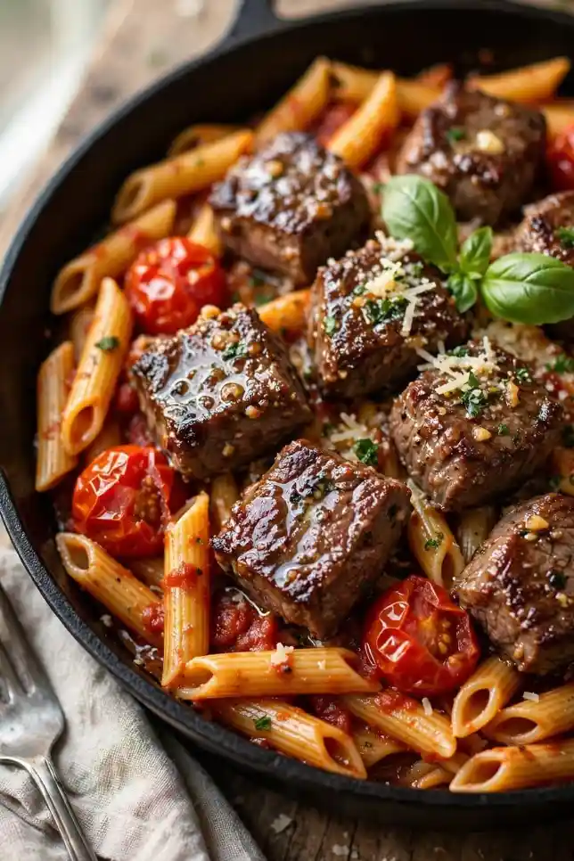 Garlic butter steak bites over tomato penne pasta in a cast iron skillet topped with basil and Parmesan