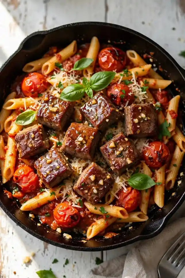 Garlic butter steak bites over tomato penne pasta in a cast iron skillet topped with basil and Parmesan