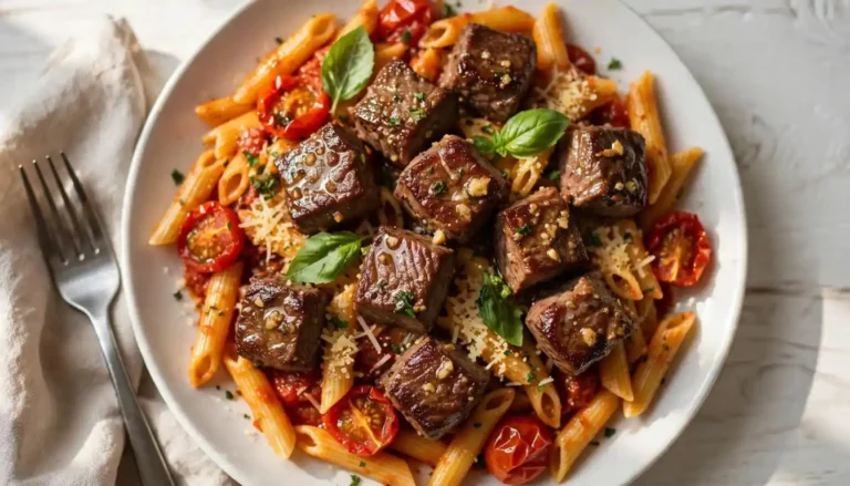Garlic butter steak bites over tomato penne pasta in a cast iron skillet topped with basil and Parmesan