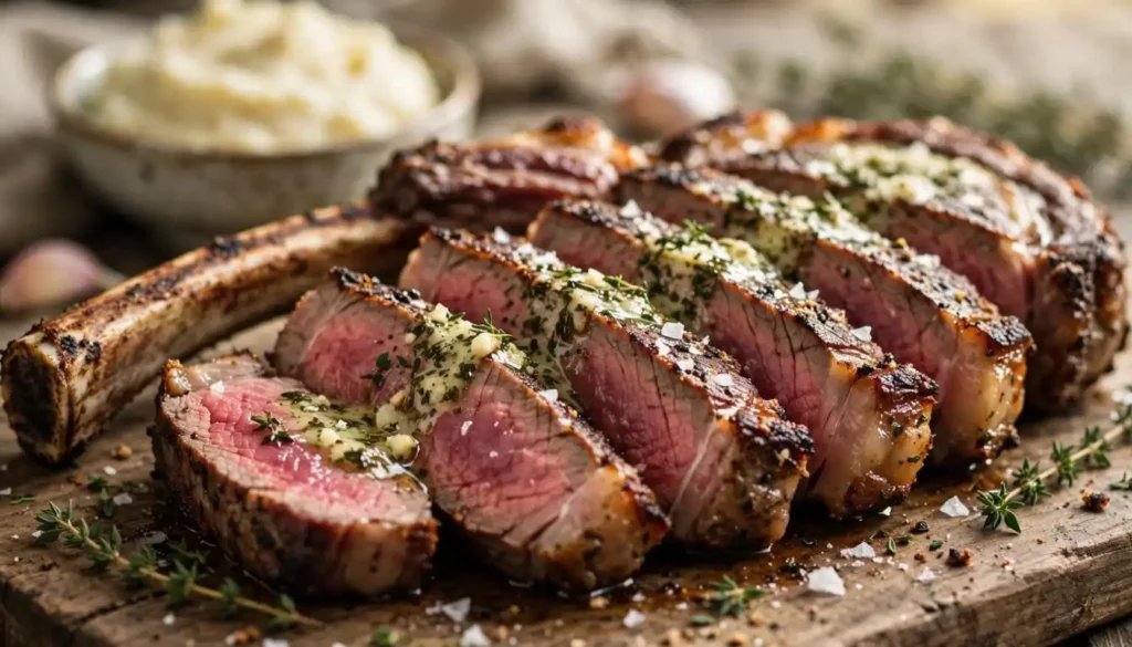 Reverse seared garlic herb butter tomahawk steak on a wooden cutting board with rosemary, thyme and roasted garlic