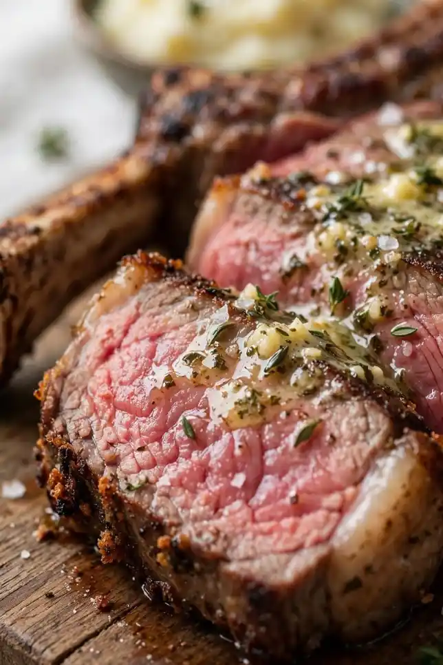 Reverse seared garlic herb butter tomahawk steak on a wooden cutting board with rosemary, thyme and roasted garlic