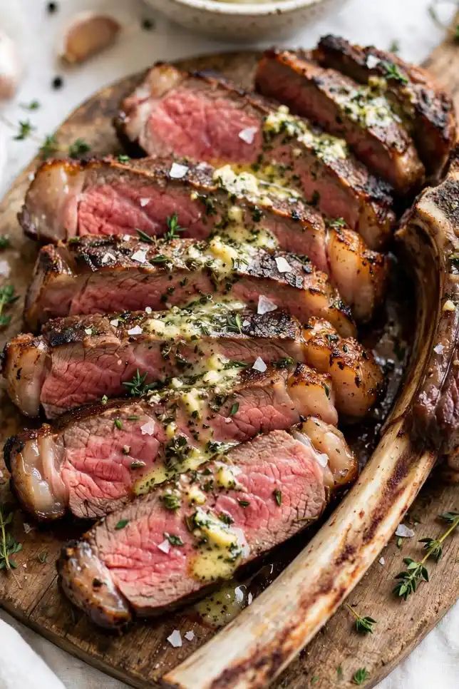 Reverse seared garlic herb butter tomahawk steak on a wooden cutting board with rosemary, thyme and roasted garlic