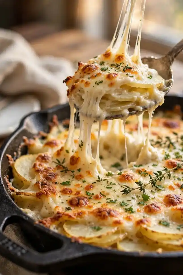 Garlic herb cheesy potato gratin baked in a cast iron skillet with a golden cheese crust and fresh thyme
