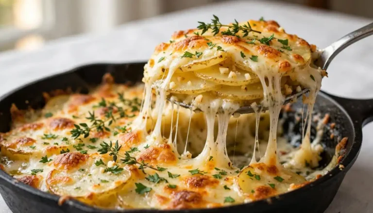 Garlic herb cheesy potato gratin baked in a cast iron skillet with a golden cheese crust and fresh thyme