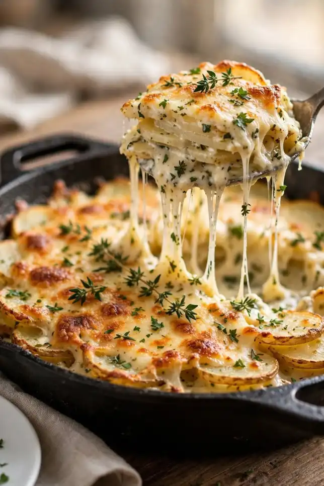 Garlic herb cheesy potato gratin baked in a cast iron skillet with a golden cheese crust and fresh thyme