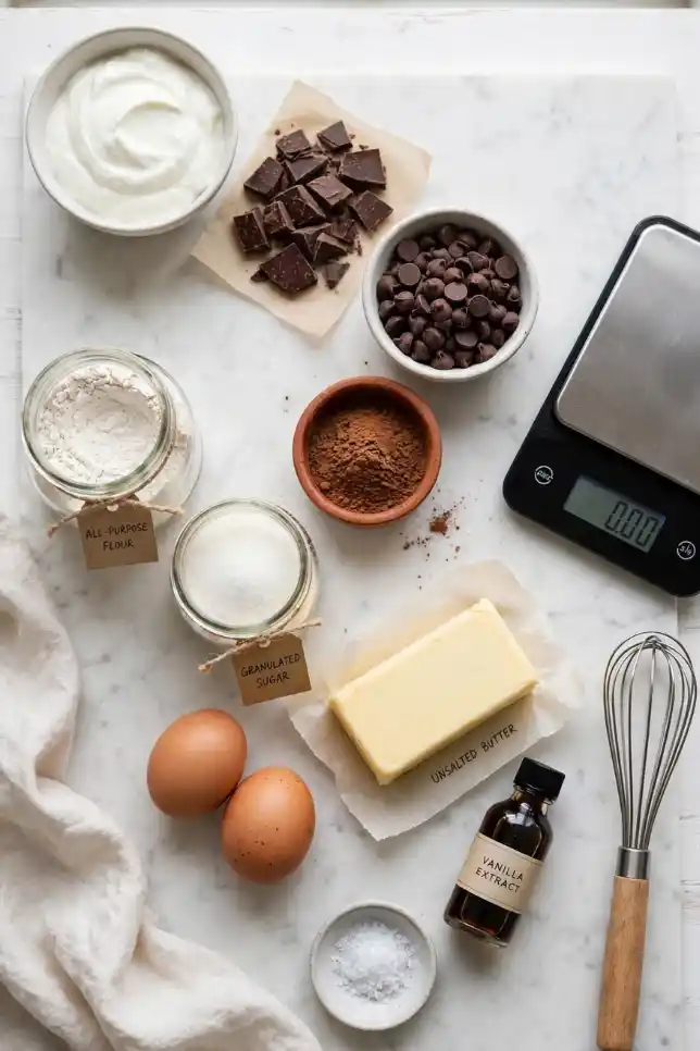 Ingredients for Greek yogurt brownies including Greek yogurt, bittersweet chocolate, cocoa powder, eggs, butter, sugar and flour
