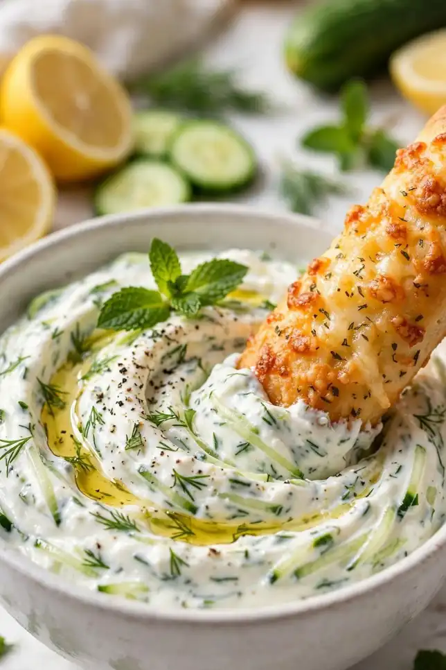 Creamy Greek yogurt herb dip with cucumber, dill, mint and olive oil with a cheesy breadstick dipped in it