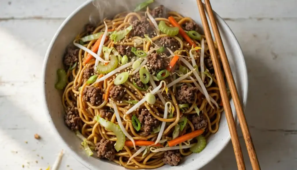 Ground beef chow mein with noodles, cabbage and carrots in a white bowl with chopsticks