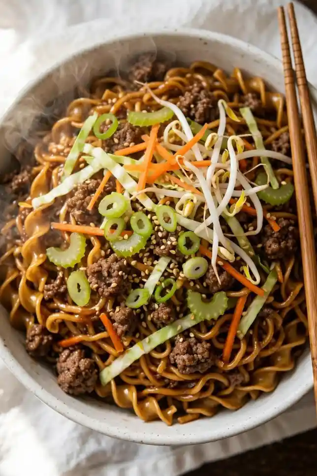 Ground beef chow mein with noodles, cabbage and carrots in a white bowl with chopsticks