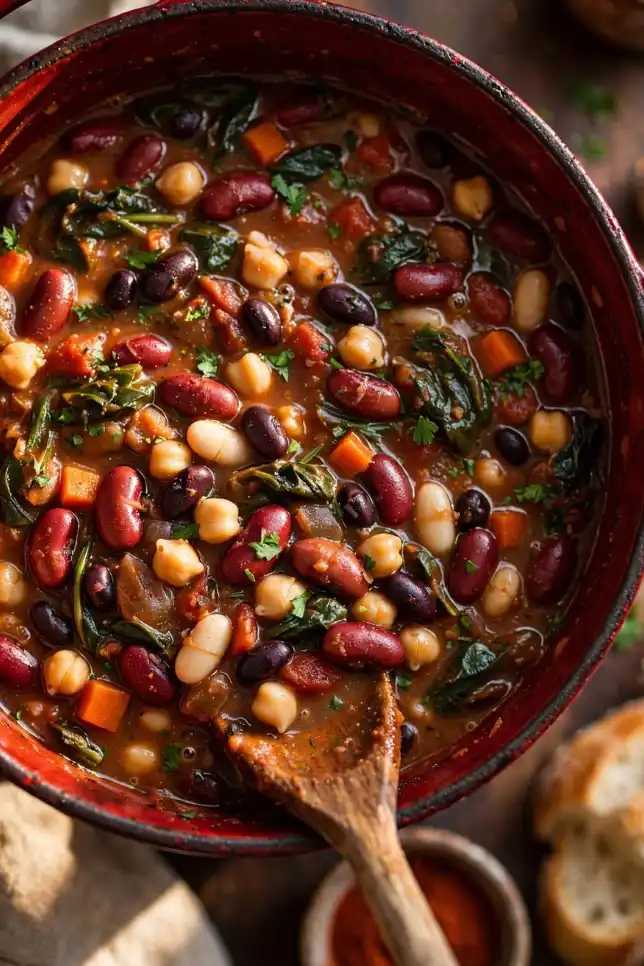 Hearty mixed bean stew with kidney beans, chickpeas, black beans and spinach in a red cast iron Dutch oven