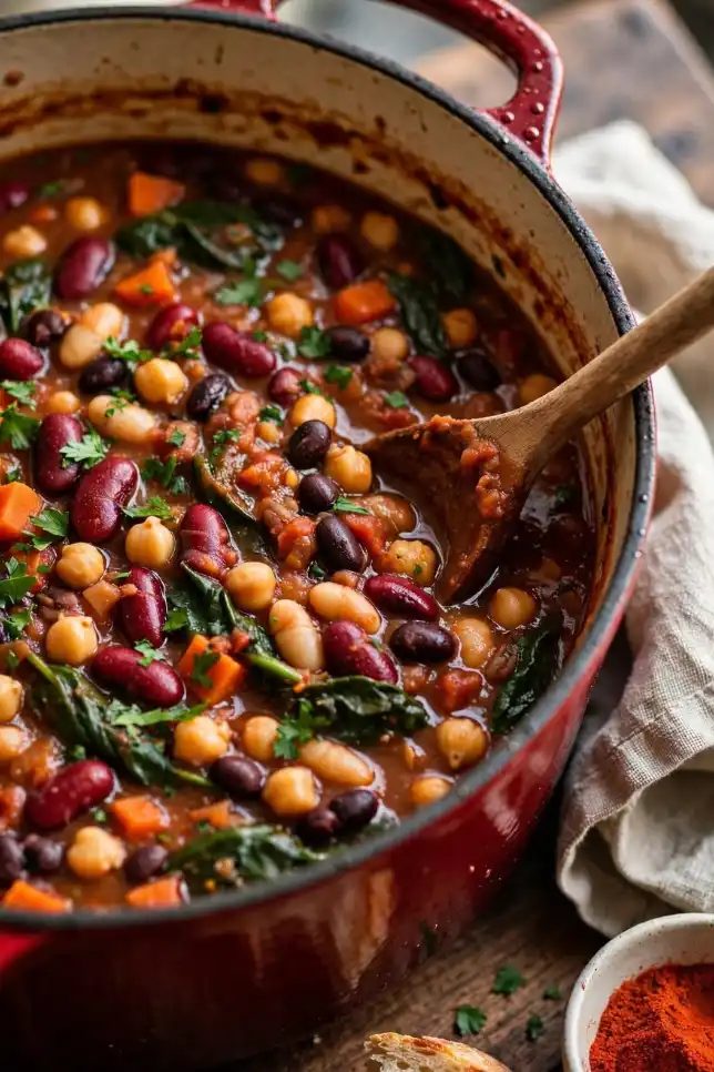 Hearty mixed bean stew with kidney beans, chickpeas, black beans and spinach in a red cast iron Dutch oven