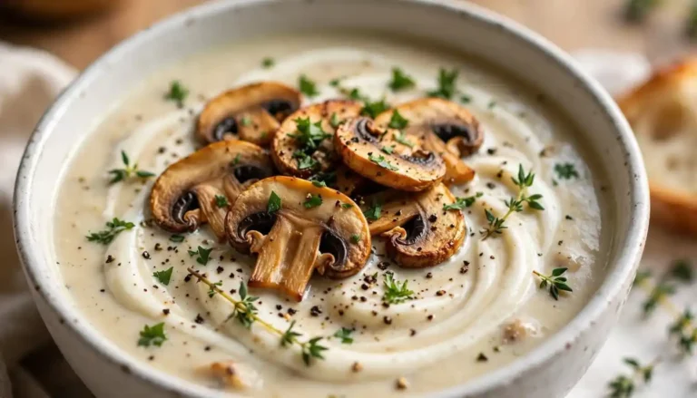 Creamy homemade mushroom soup in a white bowl topped with browned mushrooms and fresh parsley