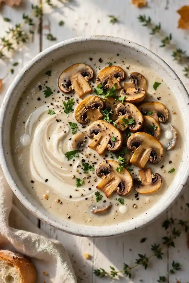 Creamy homemade mushroom soup in a white bowl topped with browned mushrooms and fresh parsley